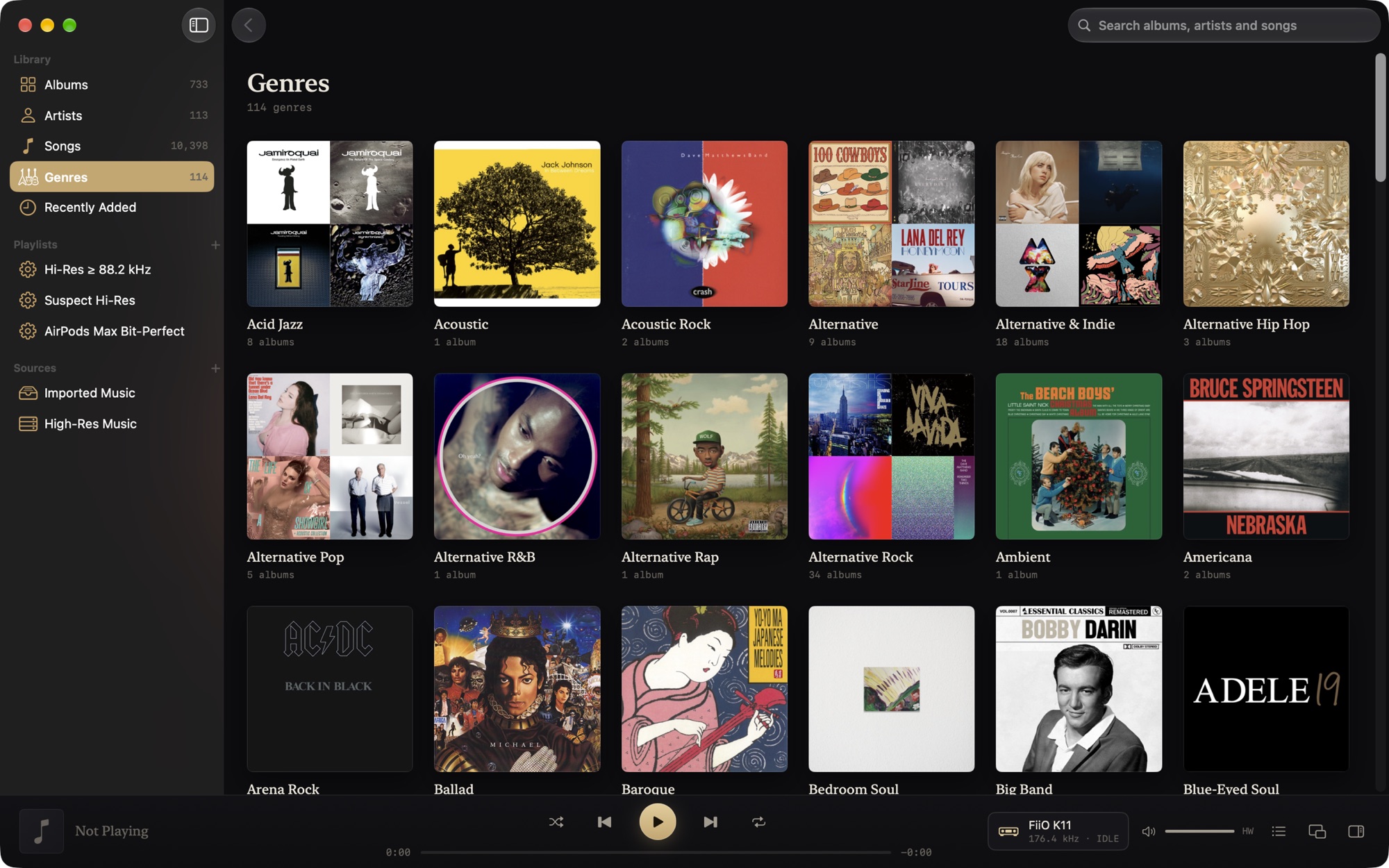 The Genres page: a tile per genre with a mosaic of its covers